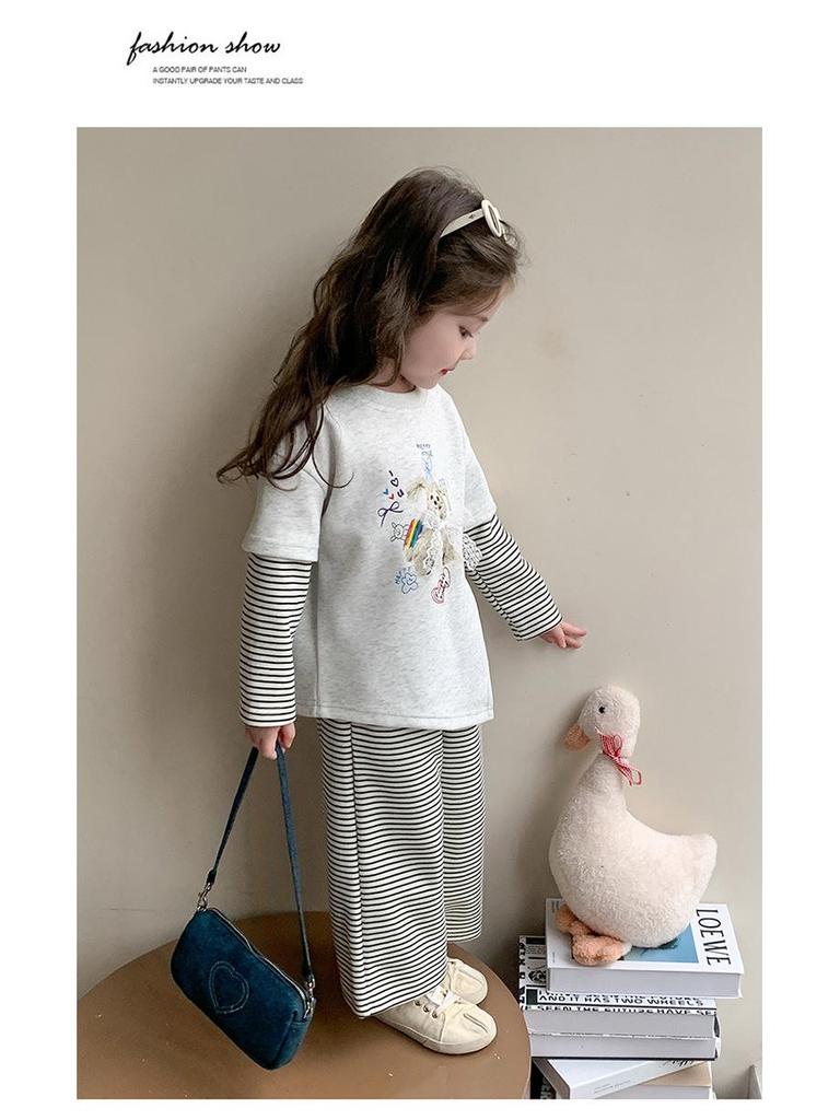 Осень 2025 Комплект для девочек свитшот и спортивные штаны с цветными блоками - Полосатый костюм-двойка с длинным рукавом