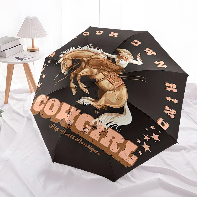 Cowgirl Automatic folding umbrella simple eight rib design, bright color pattern, durable iron frame, ideal for travel and outdoor, beach a