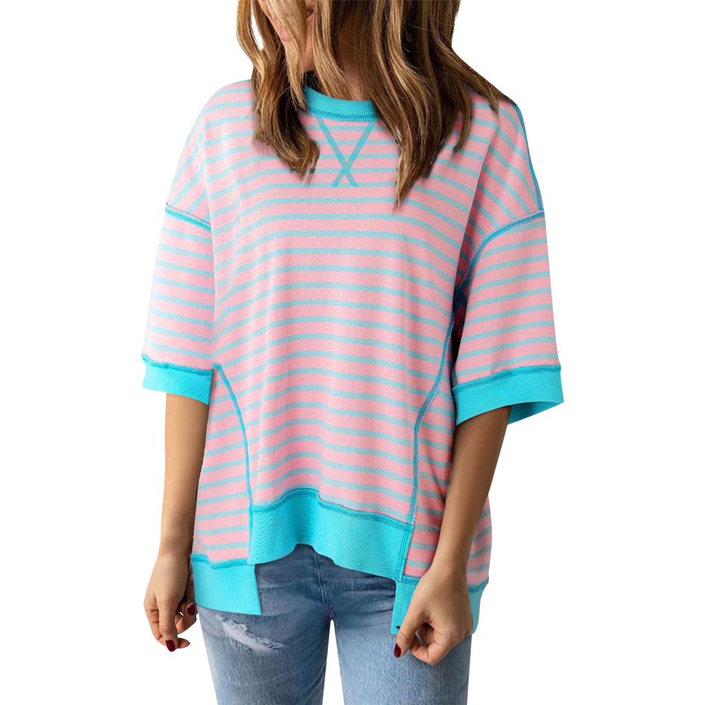 Женский полосатый цветной дизайн с заниженными плечами, пуловер с короткими рукавами, женский топ