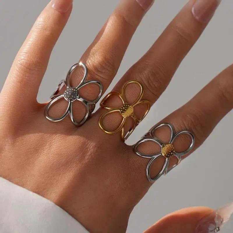 Stainless Steel Hollow Daisy Flower Rings for Women Simple Gold Copper Color Open Ring Anti Allergic Rust Proof Stylish Zircon