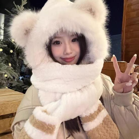 3 In 1 Hat Scarf Gloves Set Bear Ear Decor Thickened Plush Winter Hat