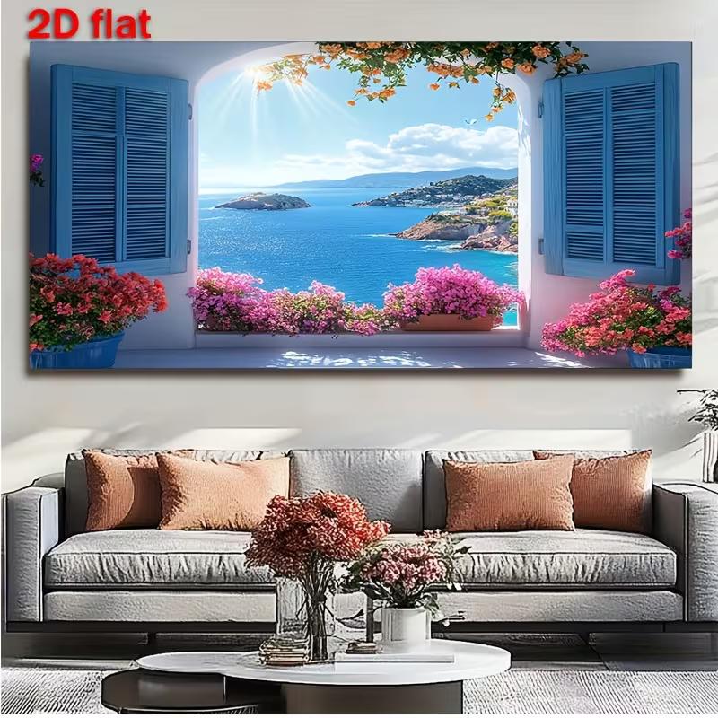 Coastal Home Decor Banner with Greek Island Window and Flowers