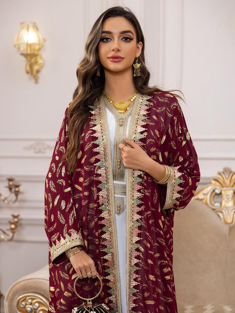 AB454 Женский комплект абайи из дубайского шифона большого размера - Трехпредметный кардиган в ближневосточном стиле, длинное платье с горячим тиснением