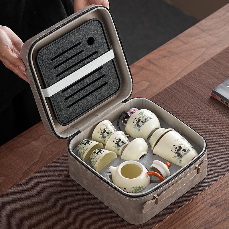 Ru kiln panda kung fu tea set Chinese home meeting room light luxury tea tray teapot tea cup travel small set