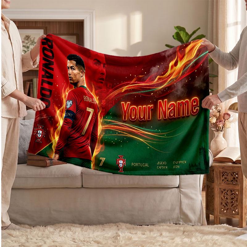 Cristiano Ronaldo Personalized Fleece Blanket With Football Logo, Custom Name Text Soft Warm Home Throw Blanket