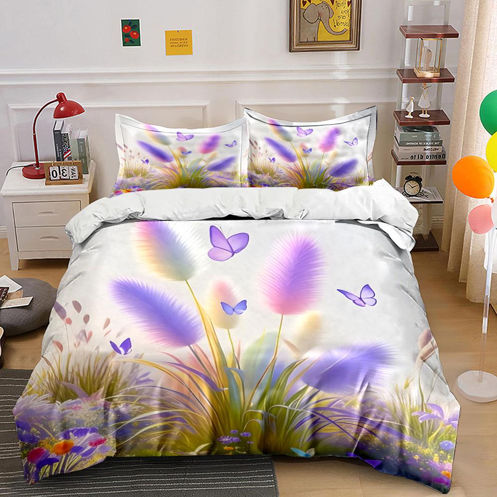 3Pcs Pastel Bedding Set,Dreamy Watercolor Pampas Grass in Purple and Pink with Butterflies Print Duvet Cover,Bedroom Decor