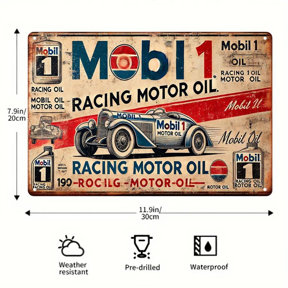 2D Плоская, Винтажная Металлическая Жестяная Табличка Моторное Масло Mobil 1 Racing - Настенное Искусство из Ржавого Железа с Дизайном Классического Автомобиля, Ретро Декор в Красном и Белом Цвете