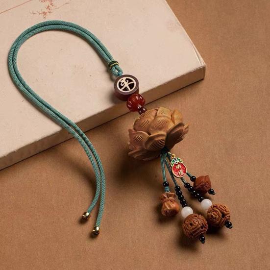 Wooden Pendant Car Ornament with Lanyard Easy To Hang Retro Engraved Lotus Car Pendant Rearview Mirror Decoration