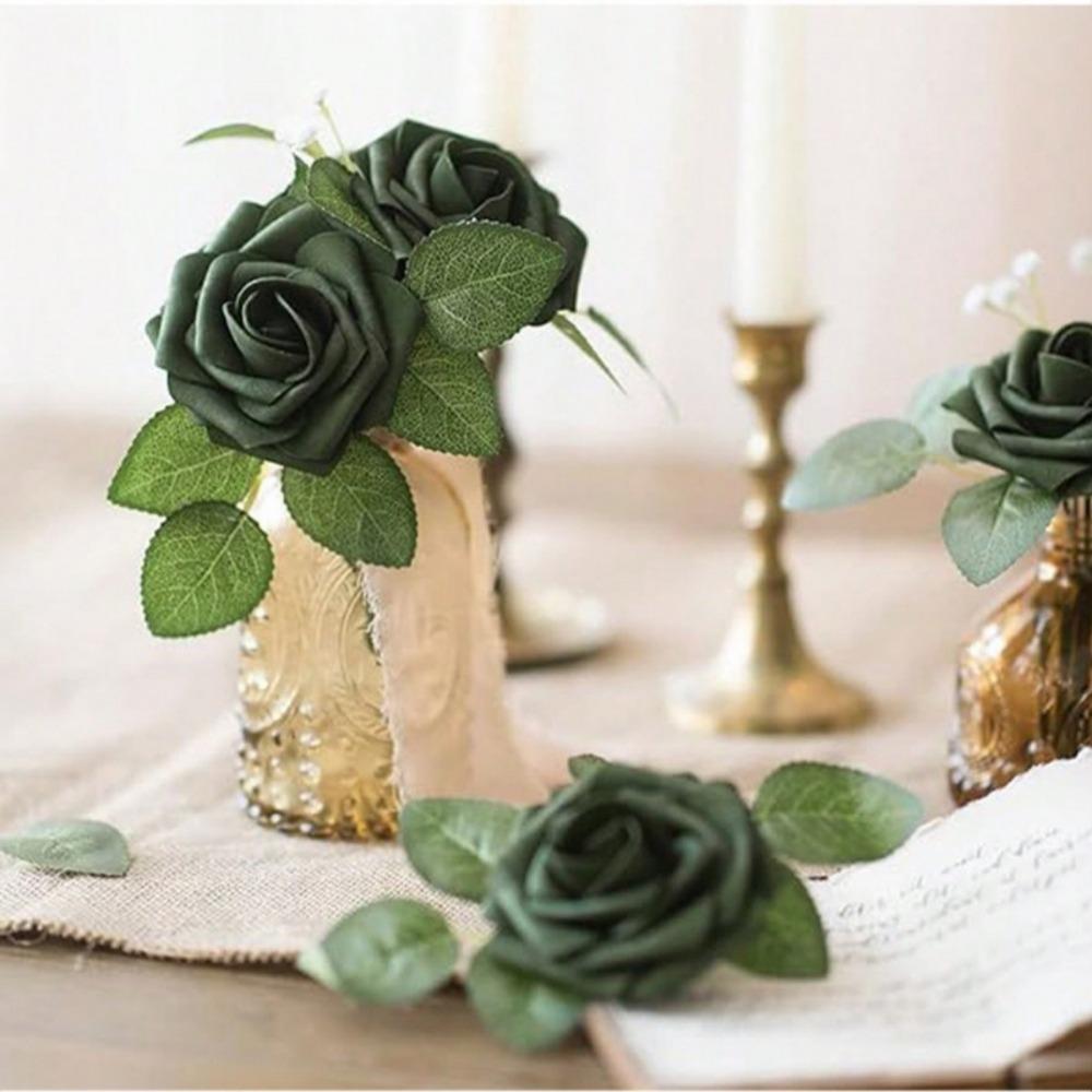 25PCS Wedding Bouquet Artificial Flowers Green Flowers with Stems Green Roses for DIY Centerpiece Corsage Flower Arrangement Bridal Shower Decorations