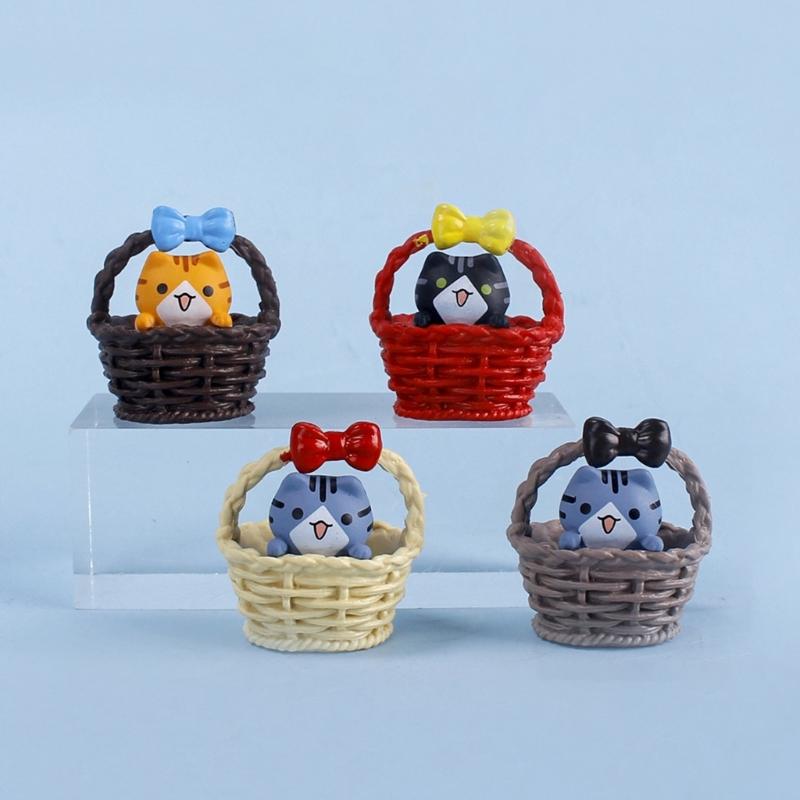 4 шт. Забавные кошки в корзинке Миниатюрная фигурка Пластиковые декоративные украшения Акцент для жилого пространства Подарок любителю котят