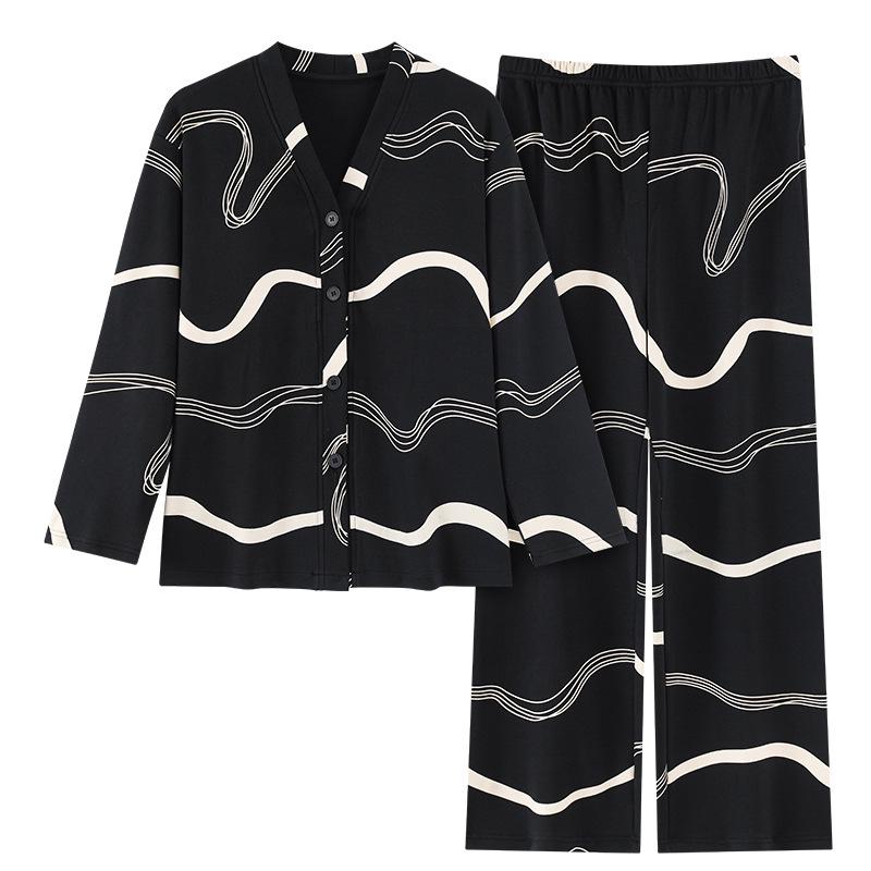Женский пижамный комплект из хлопка с ретро-принтом - Кардиган с V-образным вырезом, Свободный крой, Удобный корейский стиль, Весна/Осень.
