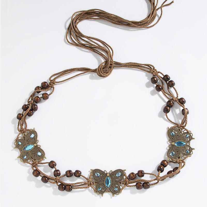 Bohemian Style Butterfly Water Diamond Woven Ethnic Style Handmade Wooden Bead Women's Belt Casual Vacation Style Waist Rope