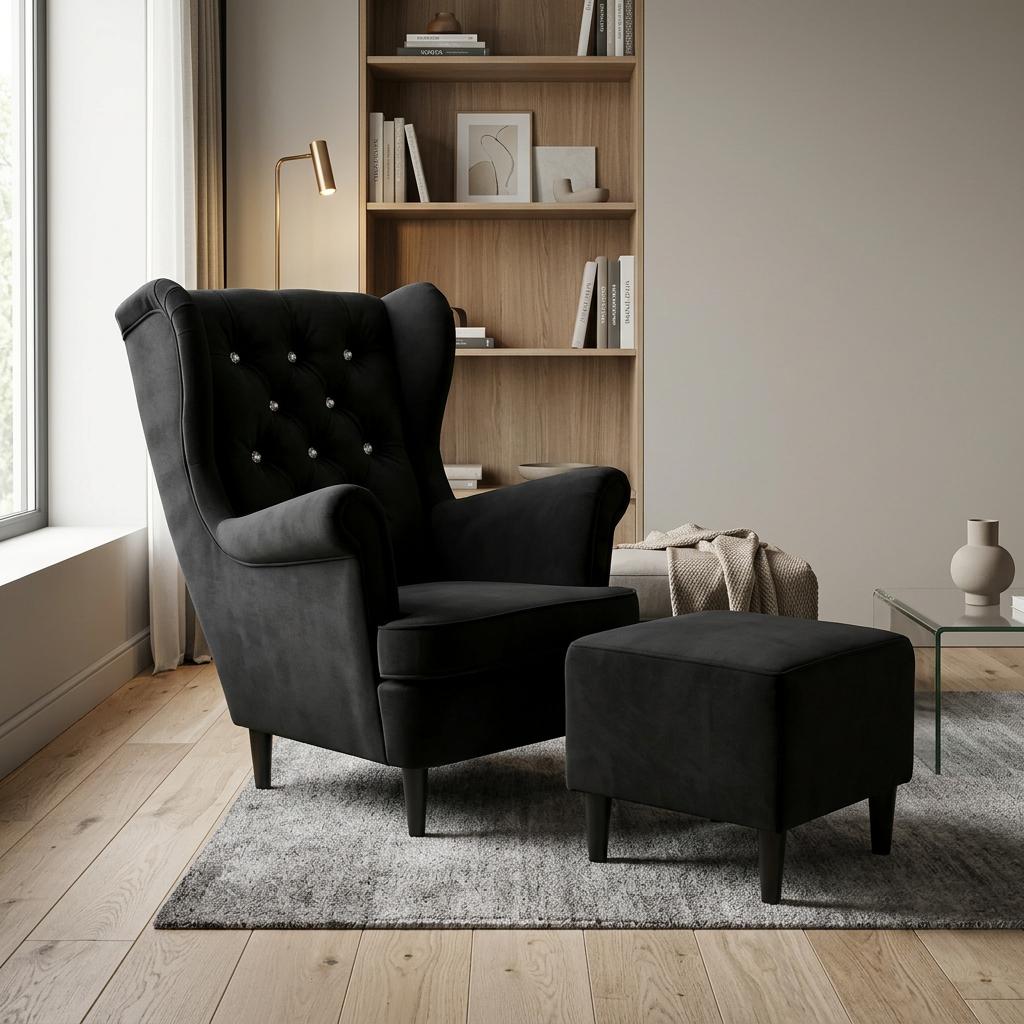 Ohrensessel Gaja Aura Royal mit Hocker und Kristallen im skandinavischen Stil – Family Meble