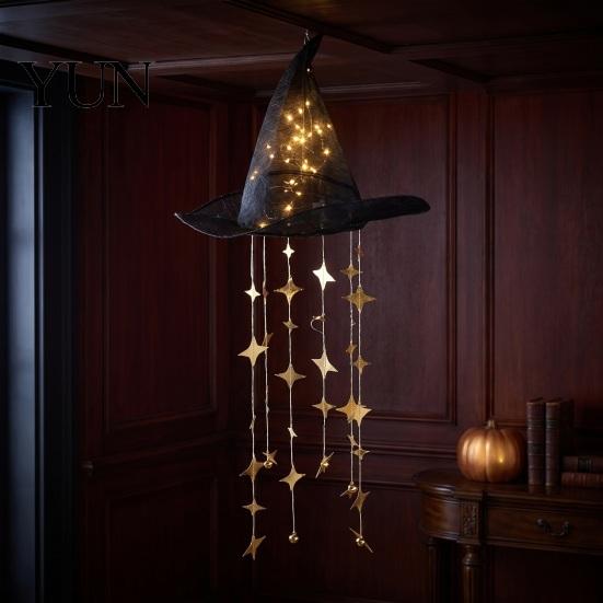 Trick or Treat Party Supplies Lighted Witch Hat Hanging Chime, Halloween LED Ornament with Sparkling Star Props Tassels, Magical Light for Porch
