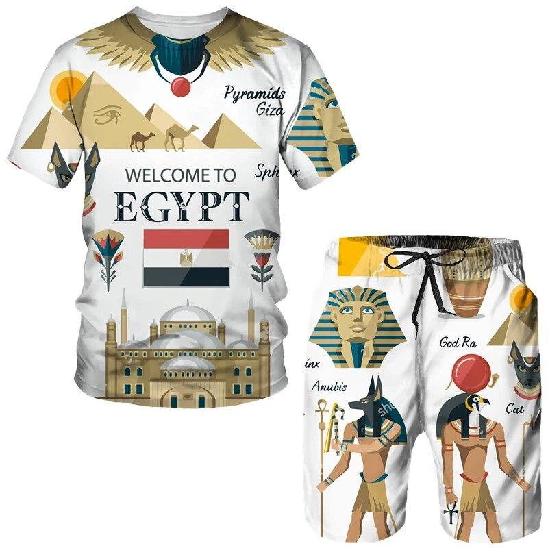 Мужская спортивная одежда из двух предметов, древнеегипетская футболка с 3D принтом, шорты фараона, уличная одежда для пар, летняя новинка