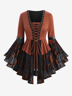 Rosegal Plus Size Цветочный жаккардовый люверсы Шнуровка Кружевная отделка Расклешенные рукава Асимметричный топ