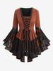 Rosegal Plus Size Floral Jacquard Grommets Lace-up Lace Trim Flare Sleeves Asymmetrical Top