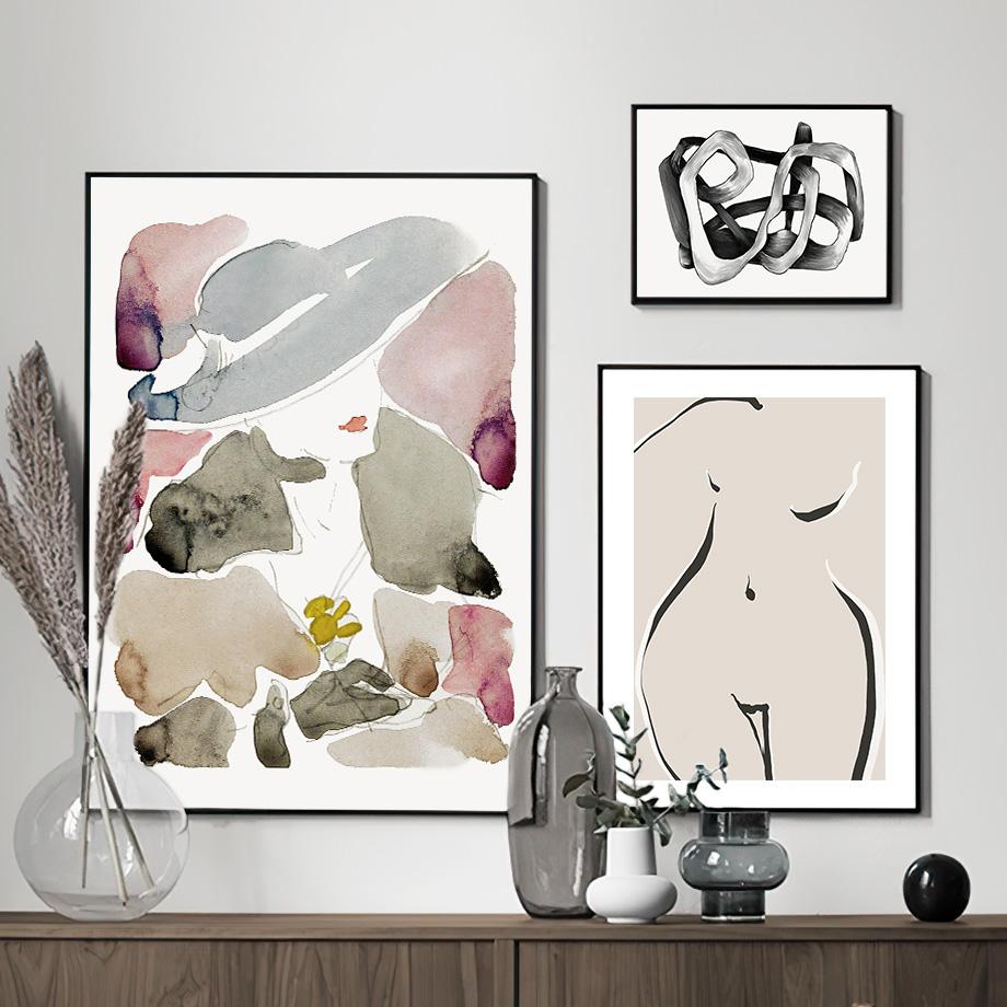 Абстрактная линия листа цветок бежевый черный ботанический настенный художественный холст картины постеры и принты настенные панно для декора гостиной