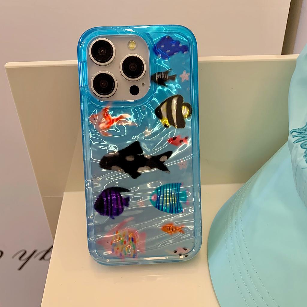 Корейский Ins Волнистая Текстура Аквариум Милые Рыбки Чехол для iPhone 17 16 15 14 13 11 Pro Max Plus Задняя Крышка Телефона для 12 Pro Max