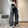 American Retro Distressed Wide-Leg Jeans with Pentagram Design and Big Pockets for Men