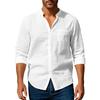 Summer Casual Shirts Men's Solid Color Long Sleeved Linen Shirts Stand Collar Breathable Shirts with Pockets