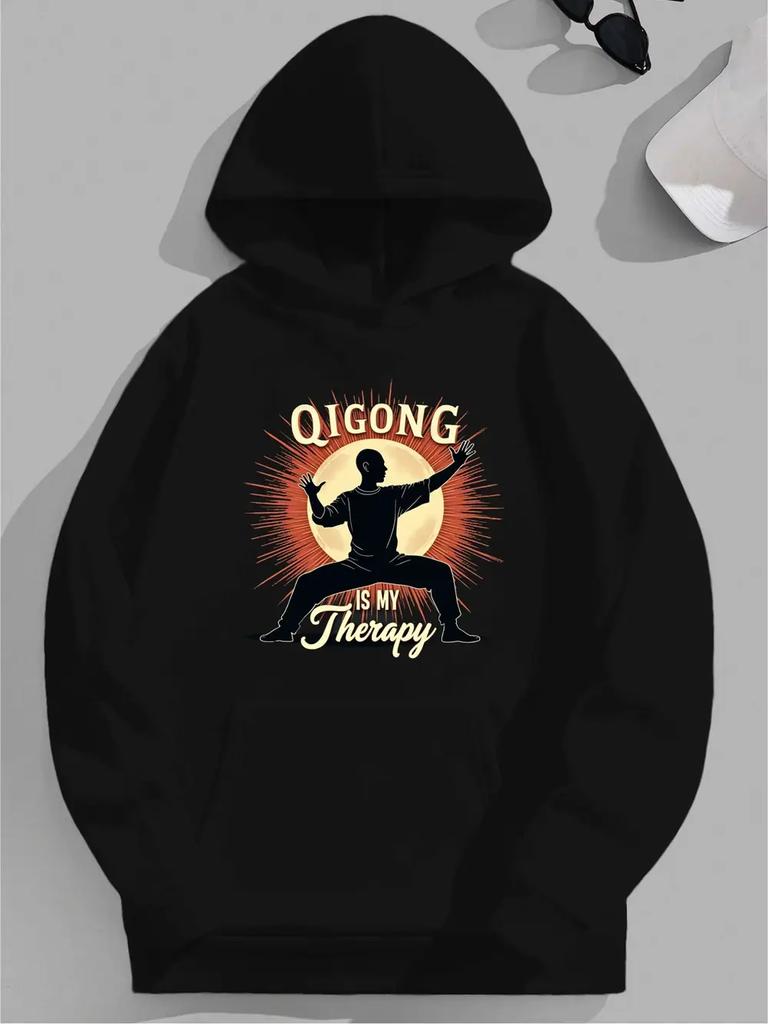 Plus Size Qigong Is My Relax Martial Arts Graphic Hoodie - Black Geometric Pattern Loose Fit Casual Pullover