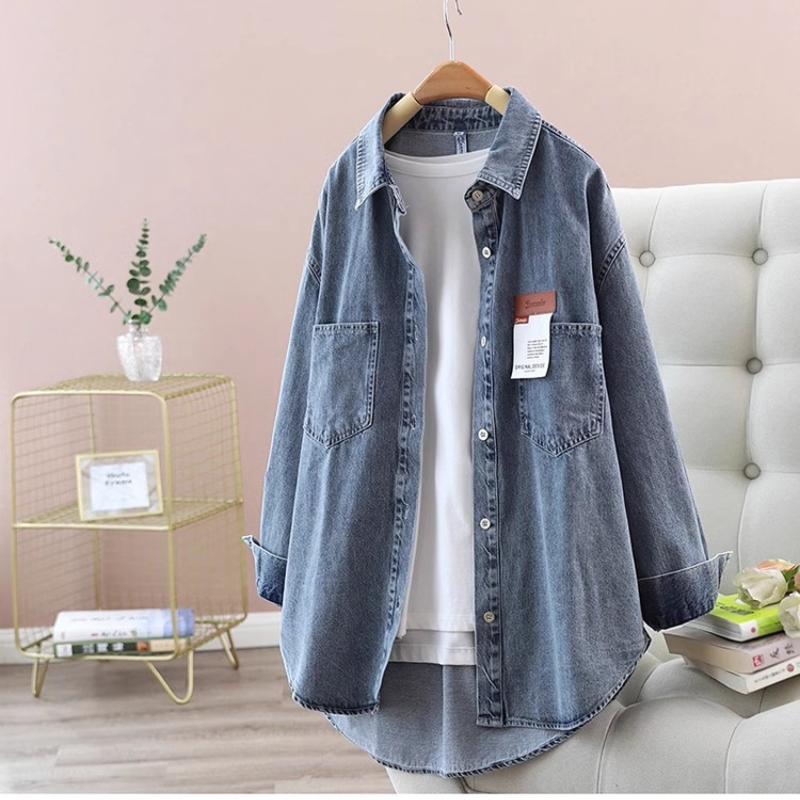 Джинсовая рубашка средней длины, женская весенняя свободная однобортная джинсовая куртка, повседневная свободная рубашка с длинными рукавами