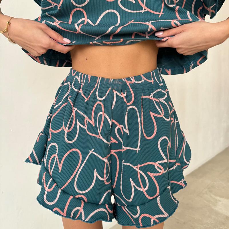 Summer Ladies Casual Printed Suit Lotus Leaf Short-sleeved Round Neck Shorts Pajamas Two-piece Suit