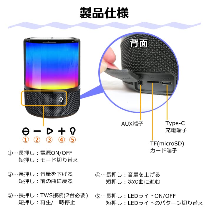 CICONIA Светодиодный ночник-динамик LED Музыкальный портативный microSD AFR-F20S, Аудио, Bluetooth, Свет, Для помещений/улицы, Воспроизведение, Динамик, Встроенный TWS,