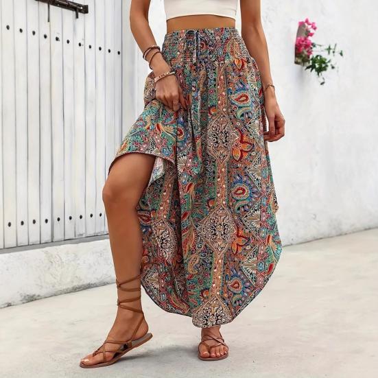 Юбка макси в стиле бохо, регулируемая завязка на шнурке, высокая талия, струящаяся юбка-трапеция с широким подолом, повседневная одежда