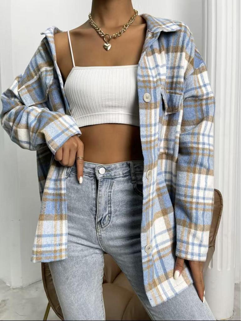 European American Women's Flannel Plaid Casual Loose Shirt Jacket