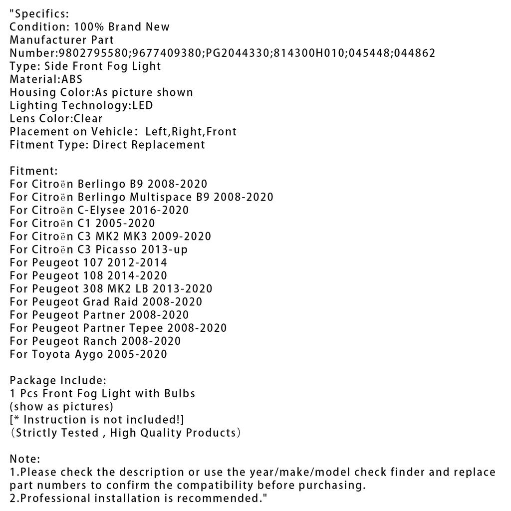 1 шт. Светодиодный дневной ходовой огонь / противотуманная фара для Citroen C3 Berlingo Peugeot 9802795580