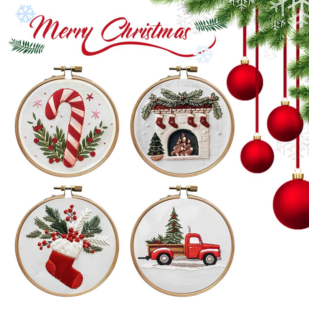 4 Sets Embroidery Starter Kit Christmas DIY Needlepoint Kit for Beginners Adults