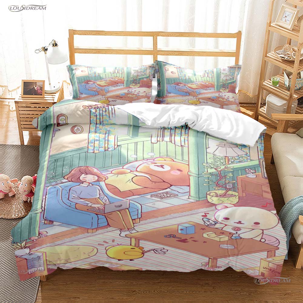 Мультяшный медведь Рилаккума Аниме Всесезонное постельное белье kawaii Комплект постельного белья Мягкое покрывало и наволочки Односпальное/Двуспальное/Queen/King