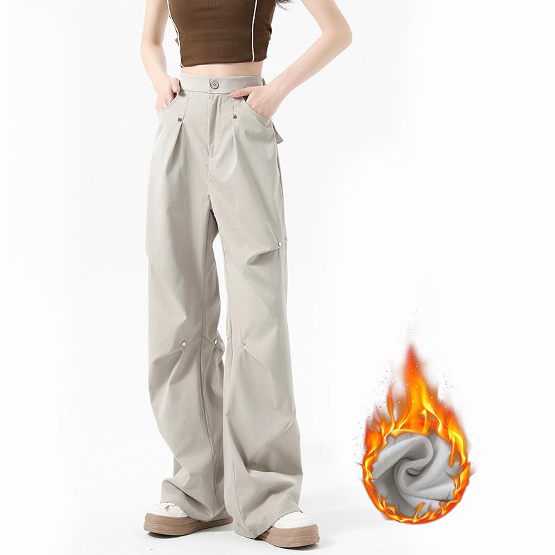 Женские теплые брюки-карго с флисовой подкладкой, свободные повседневные брюки прямого покроя с высокой талией, модные и удобные спортивные брюки