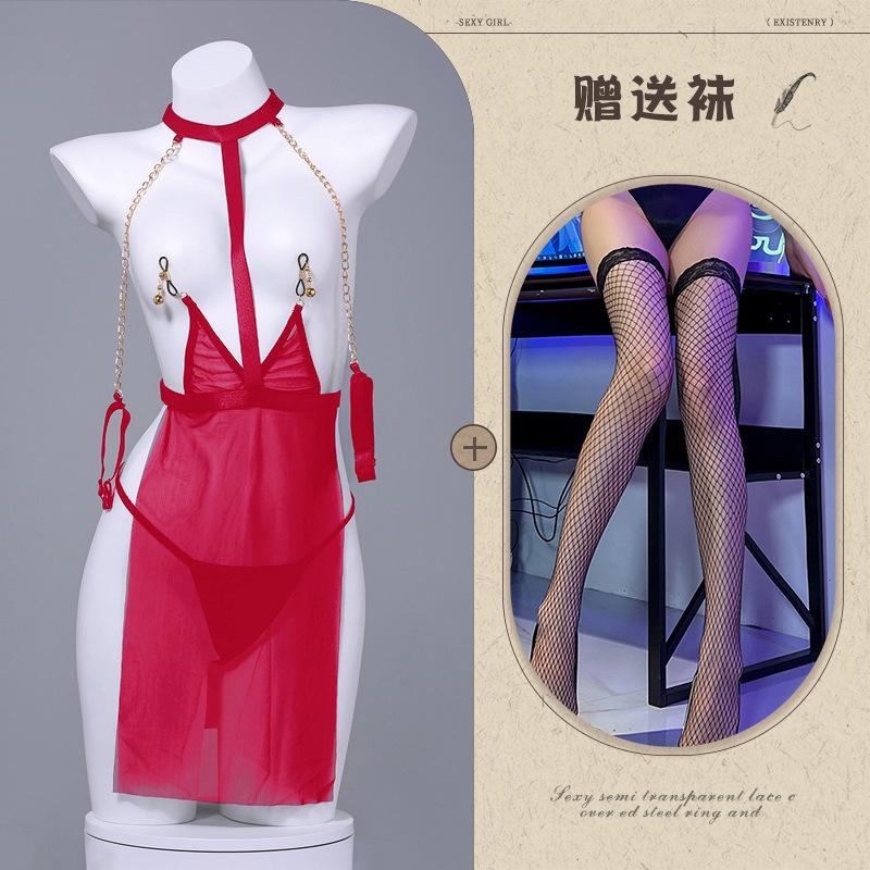 Erotic lingerie sexy mesh see-through uniform temptation leaking breasts passion stripless SM battle robe girl on the bed