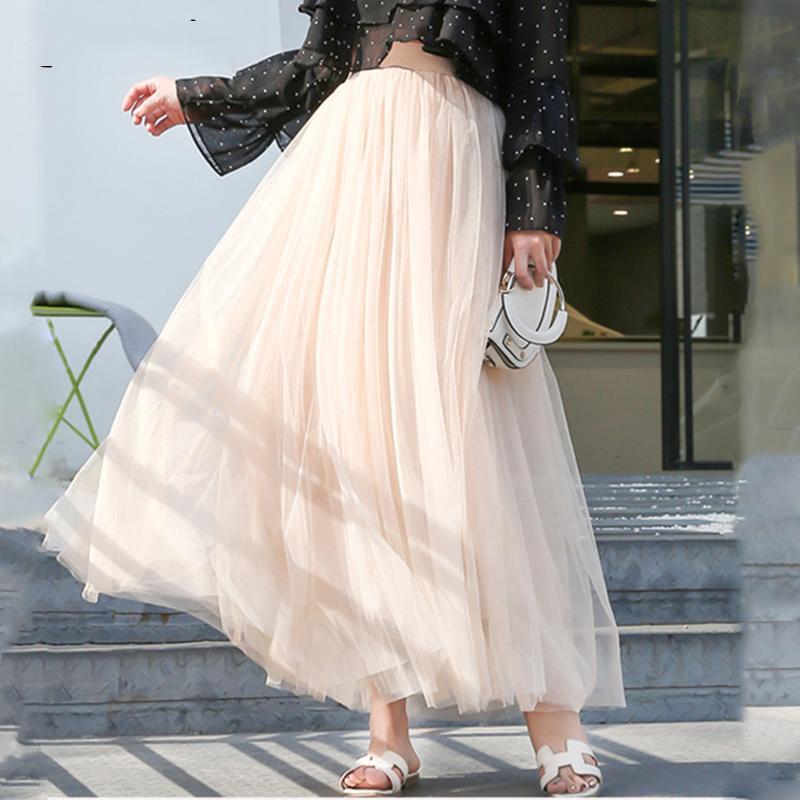 Elastic Waist 3 Layers Mesh Long Tulle Skirt Spring Autumn Elegant Vintage High Waist Ball Gown Gauze Tutu Skirt