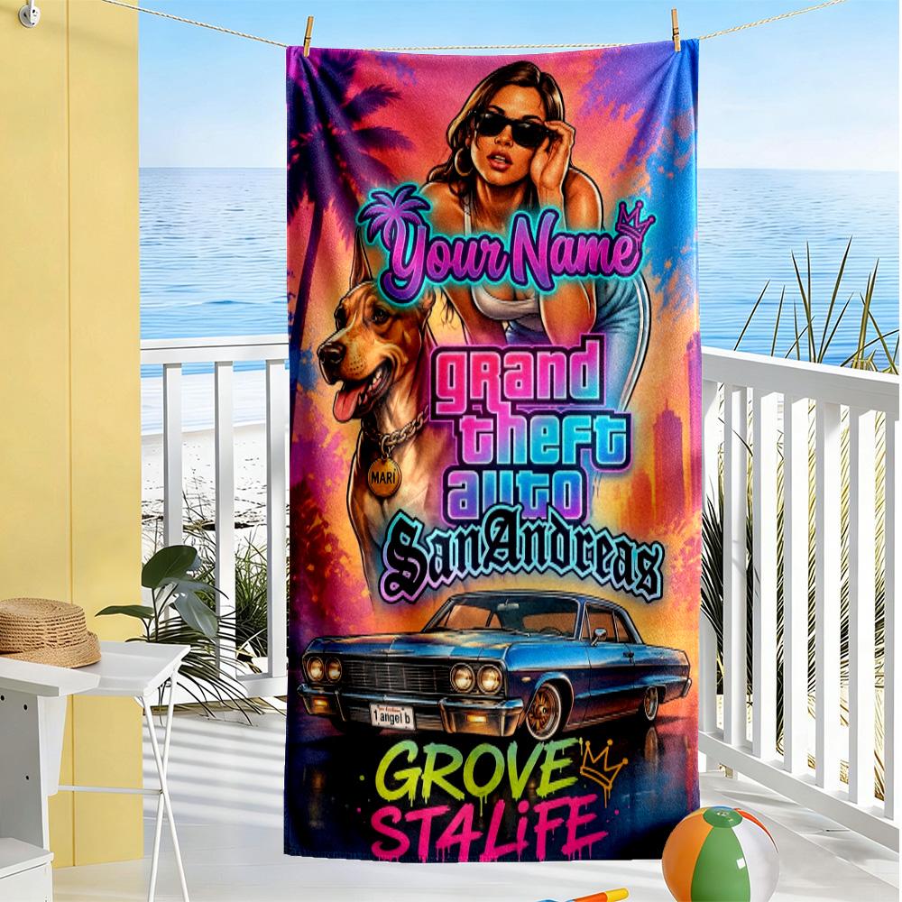 Grand Theft Auto Customized Name Beach Towel Quick-Dry Soft Microfiber Suitable for Swimming Gym Camping Yoga Vacation