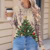 Women's Fashionable Casual Christmas Printed Pleated Comfortable Round Neck Loose Long Sleeve T-Shirt Top