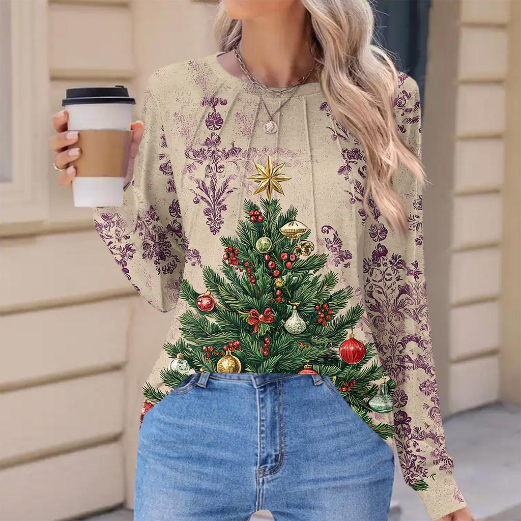 Women's Fashionable Casual Christmas Printed Pleated Comfortable Round Neck Loose Long Sleeve T-Shirt Top