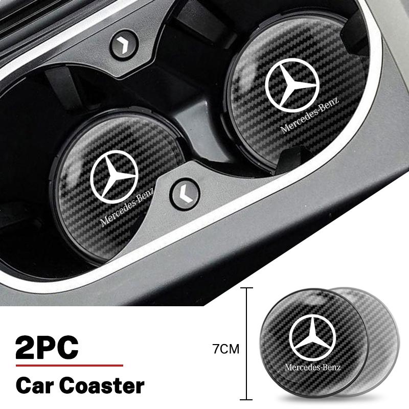 CRA1 2Pcs Car Cup Coasters Anti-Slip Carbon Fiber Texture Auto Cup Mat For Mercedes Benz C E S Class GLC GLA GLB GLE GLS W212 sticker