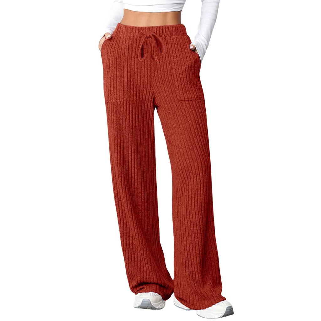 2025 Autumn/Winter Women's Casual Ribbed Pocket Long Pants – European & American Style