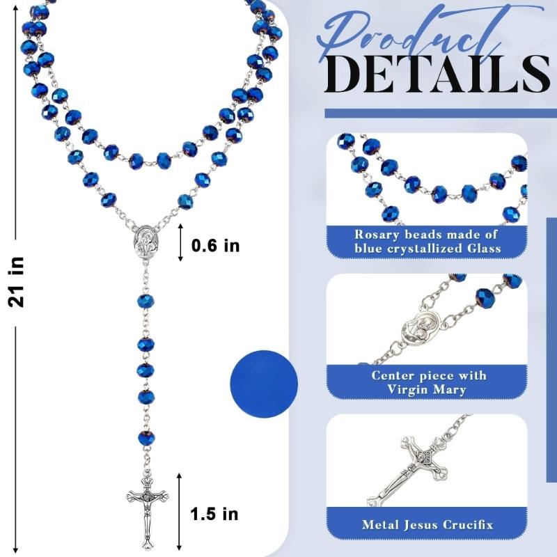 652F Catholic Rosary Crystal Beads Necklace with Miracles Medals Crosses Crucifix First Communion Rosary for Women Men