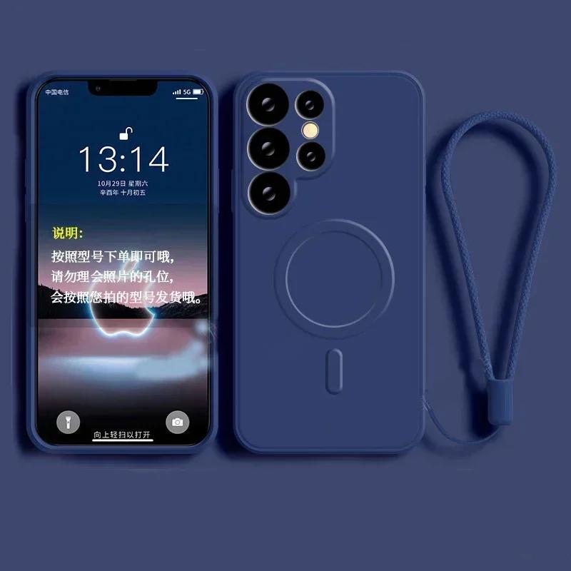 Ремешок на запястье Чехол из жидкого силикона Magsafe Для Samsung Galaxy S25 Edge S24 Ultra S23 FE S22 S21 Магнитная крышка для беспроводной зарядки