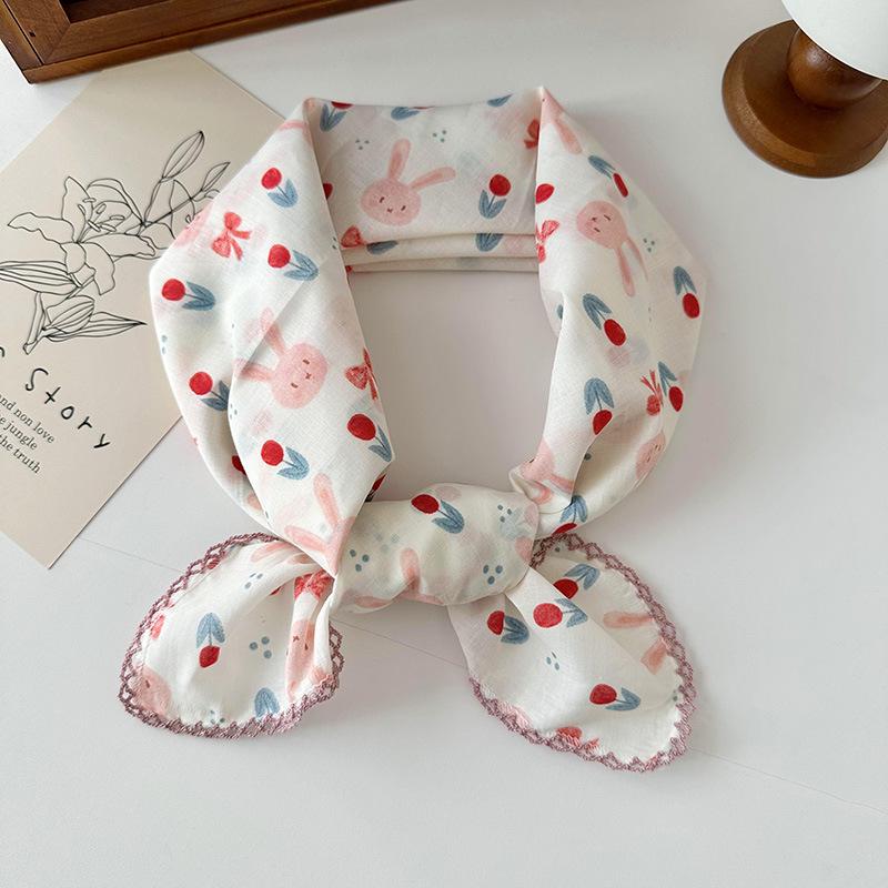 70% Cotton Linen Small Square Silk Scarf - Korean Style Floral Design for Versatile Neckwear and Decorative Use