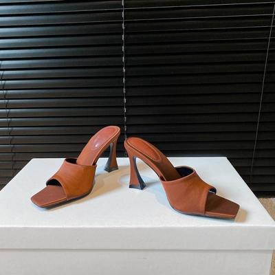 Новые коричневые атласные сексуальные туфли на высоком каблуке, черные с квадратным носком, сандалии с ремешком на одно слово, туфли-стилеты женские