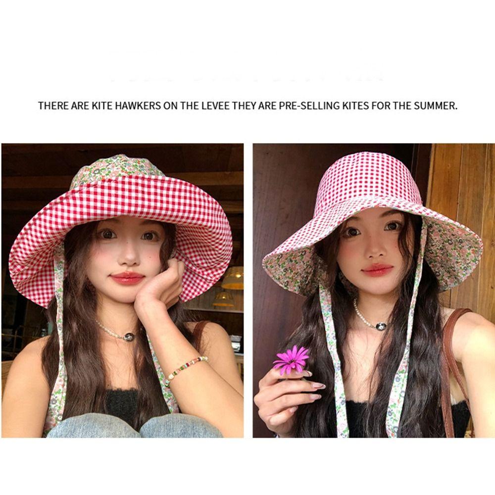 Шнуровка Шляпа рыбака для походов Цветочная клетчатая кепка для походов Модная шляпа от солнца на шнурке Для улицы