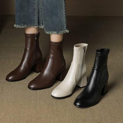 Осенне-зимние женские кожаные ботинки однотонные универсальные большого размера женские ботинки средний каблук модные ботинки новые круглый носок квадратный каблук средний каблук