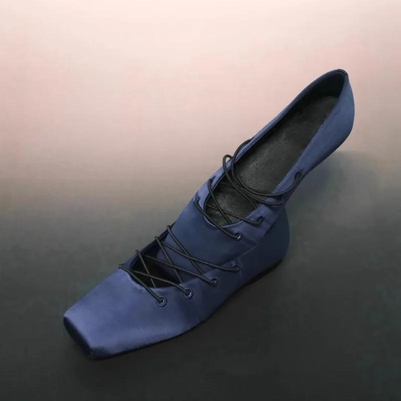 Fashion Spring and Summer New Retro Satin Square Toe Lace-up Ballet Shoes Women's Light Mouth Casual Outside Wear Flat Heels