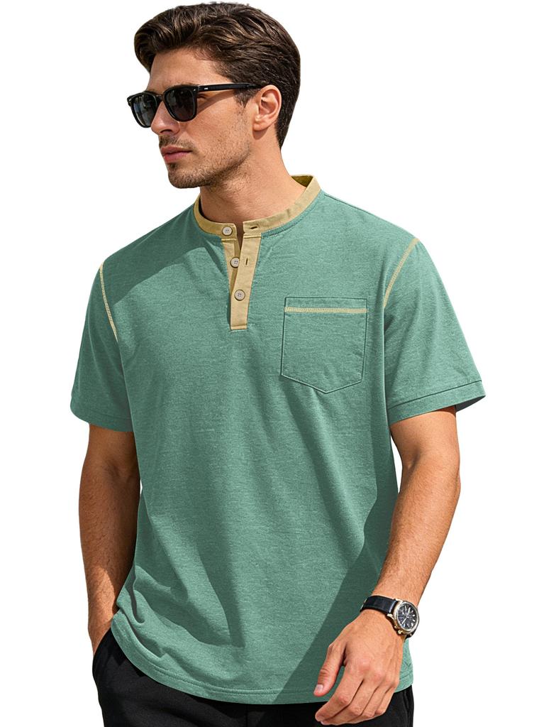 Mens Stand Collar Button Short Sleeve Business Casual Solid Polo Shirt
